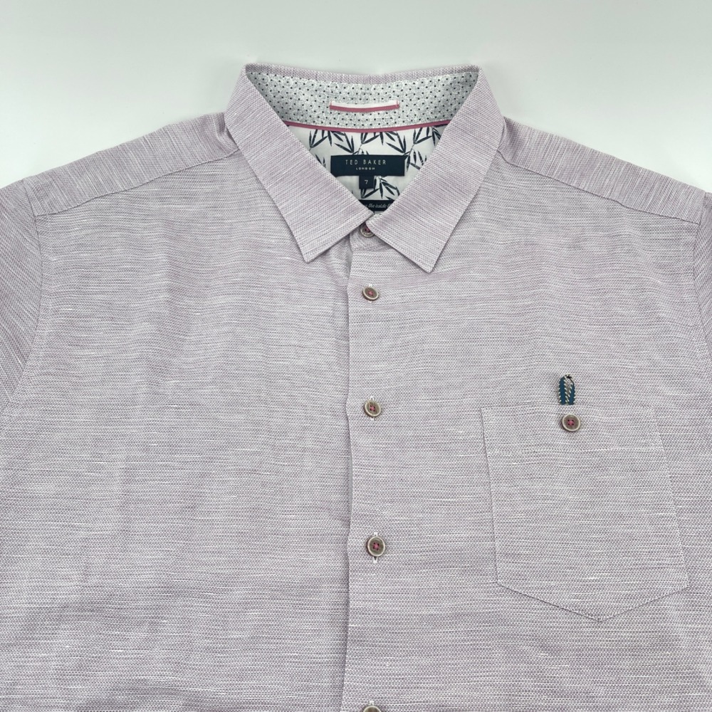 Ted Baker London Mens Short Sleeve Button Down Shirt Purple Linen Blend Size 7